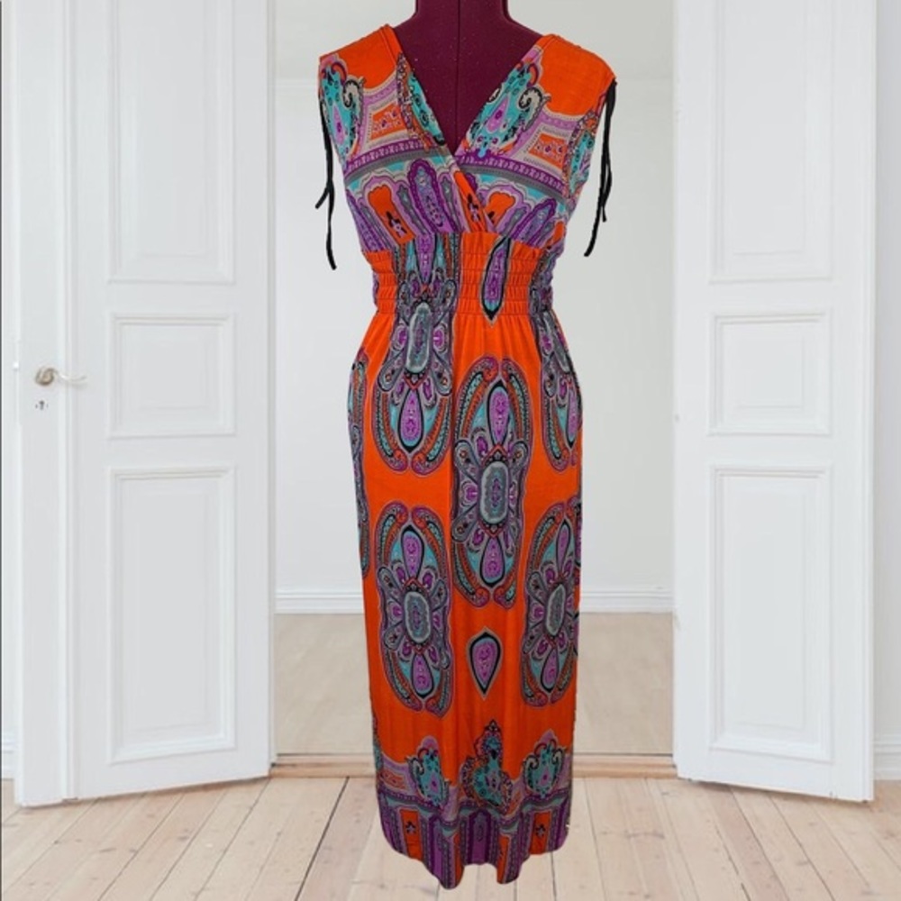 Long Maxi Paisley Print Short Sleeve Column Stretch Dress Women's Size XL